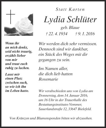 Traueranzeige von Lydia Schlüter von Neue Westfälische