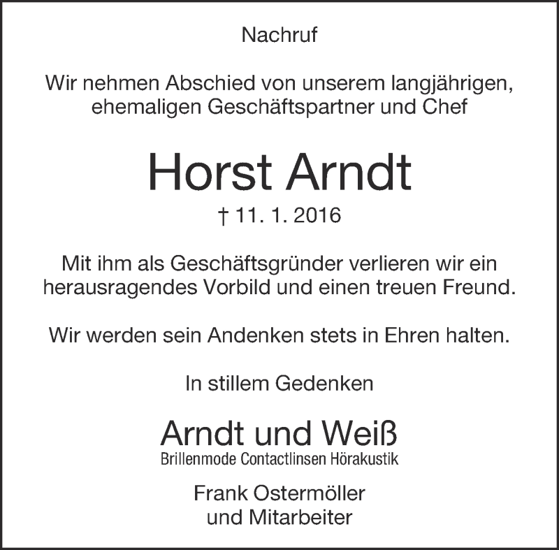  Traueranzeige für Horst Arndt vom 16.01.2016 aus Neue Westfälische