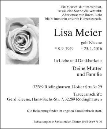 Traueranzeige von Lisa Meier von Neue Westfälische