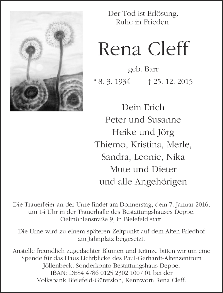  Traueranzeige für Rena Cleff vom 02.01.2016 aus Neue Westfälische