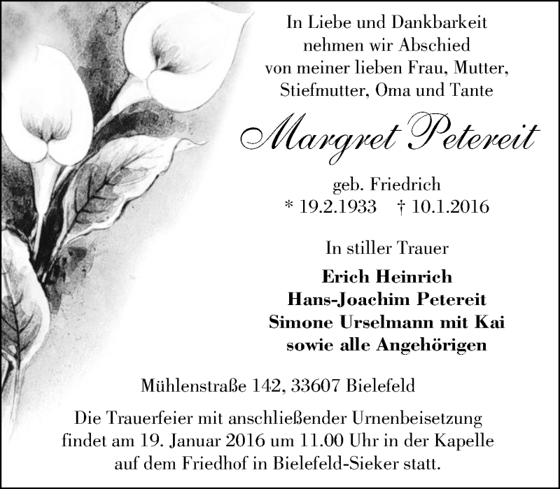  Traueranzeige für Margret Petereit vom 14.01.2016 aus Neue Westfälische