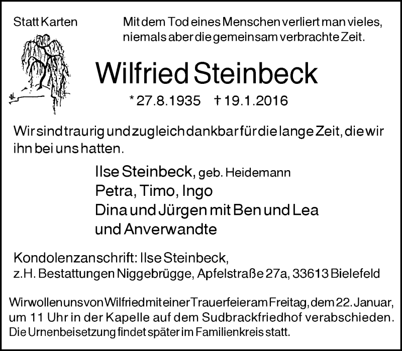  Traueranzeige für Wilfried Steinbeck vom 21.01.2016 aus Neue Westfälische