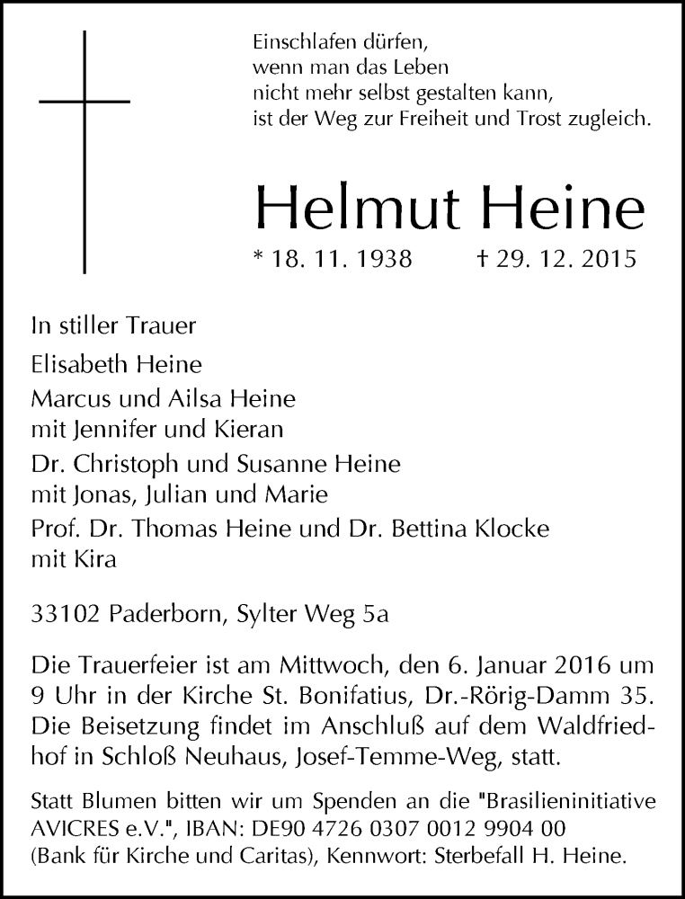  Traueranzeige für Helmut Heine vom 02.01.2016 aus Neue Westfälische
