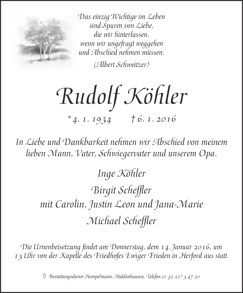  Traueranzeige für Rudolf Köhler vom 09.01.2016 aus Neue Westfälische