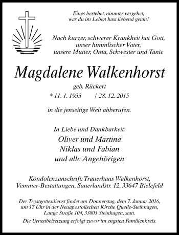 Traueranzeige von Magdalene Walkenhorst von Neue Westfälische