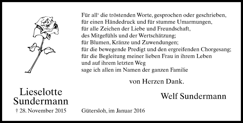  Traueranzeige für Lieselotte Sundermann vom 12.01.2016 aus Neue Westfälische