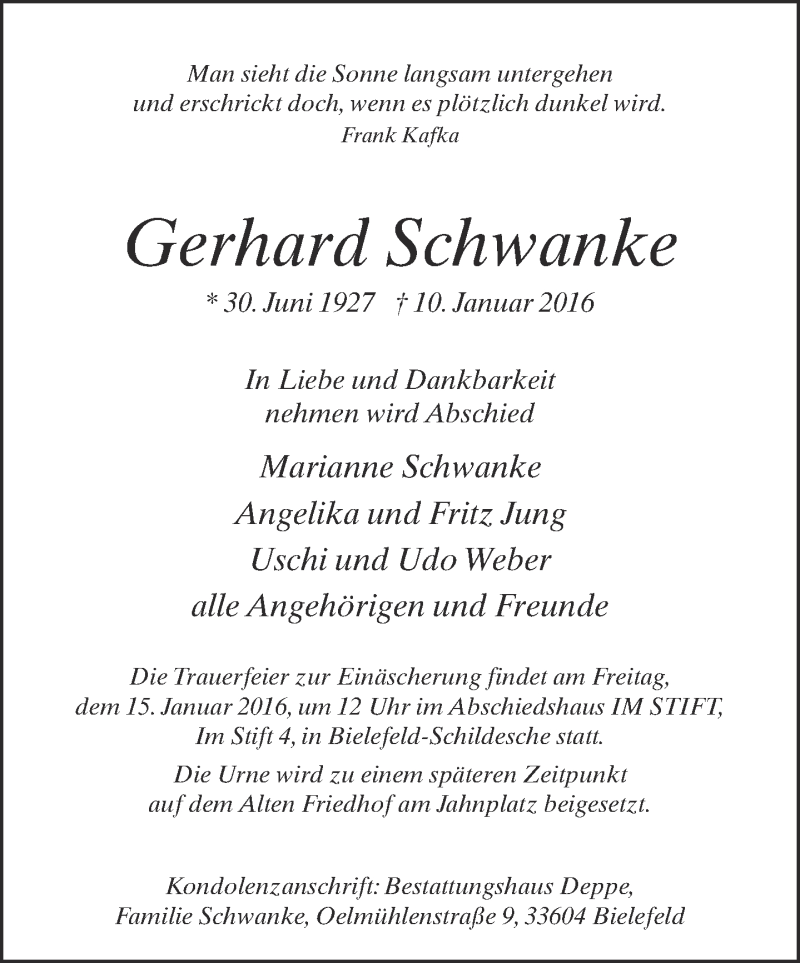  Traueranzeige für Gerhard Schwanke vom 12.01.2016 aus Neue Westfälische
