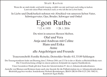 Traueranzeige von Egon Ruthe von Neue Westfälische