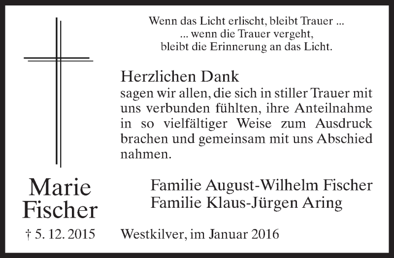  Traueranzeige für Marie Fischer vom 30.01.2016 aus Neue Westfälische
