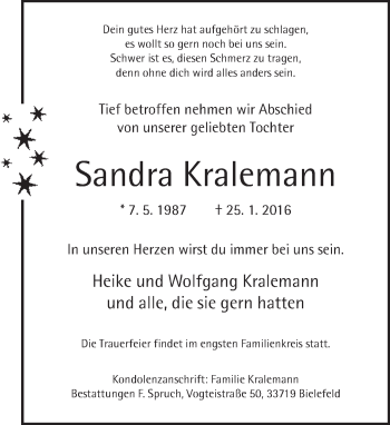 Traueranzeige von Sandra Kralemann von Neue Westfälische