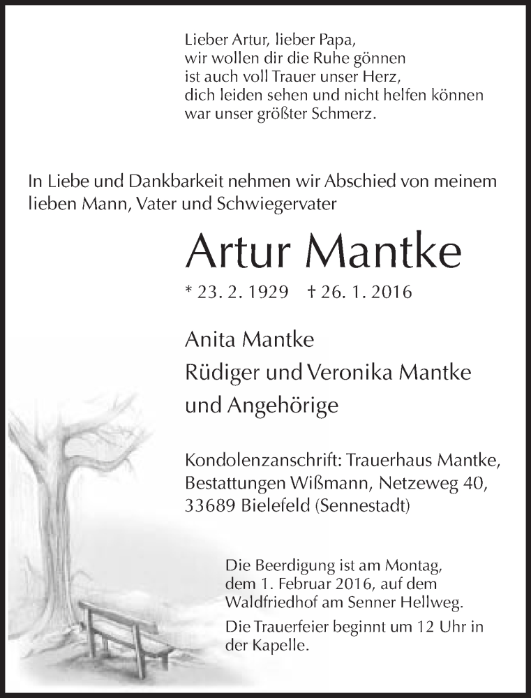  Traueranzeige für Artur Mantke vom 28.01.2016 aus Neue Westfälische