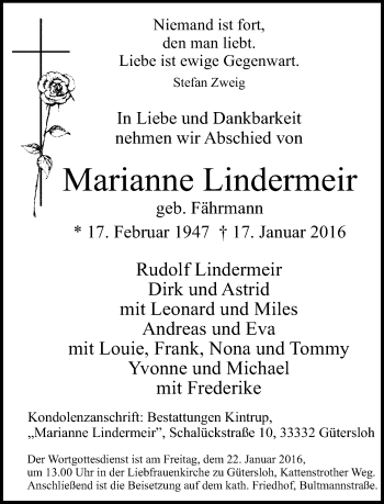 Traueranzeige von Marianne Lindermeir von Neue Westfälische