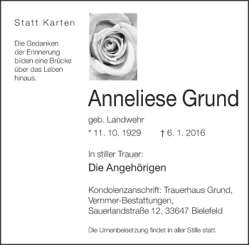 Traueranzeige von Anneliese Grund von Neue Westfälische