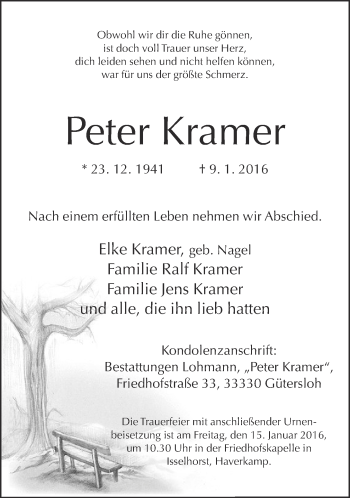 Traueranzeige von Peter Kramer von Neue Westfälische