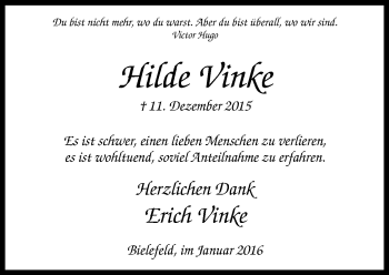 Traueranzeige von Hilde Vinke von Neue Westfälische