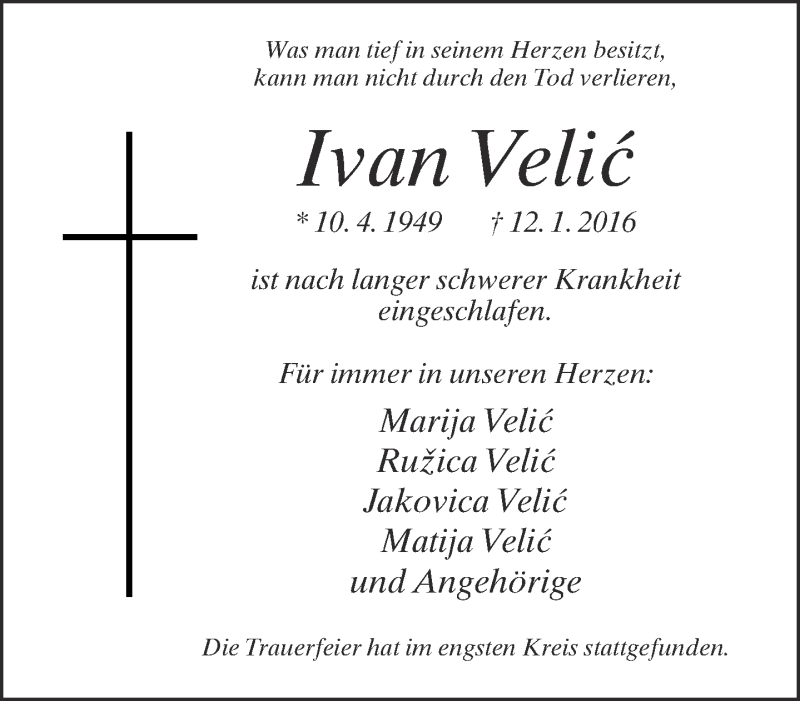  Traueranzeige für Ivan Velic vom 18.01.2016 aus Neue Westfälische
