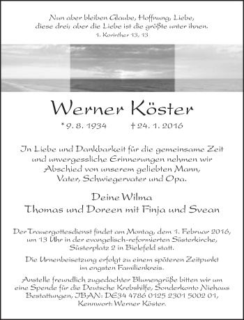 Traueranzeige von Werner Köster von Neue Westfälische