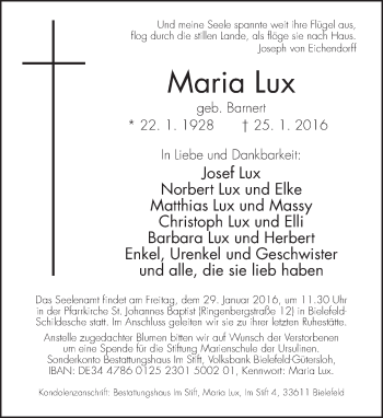 Traueranzeige von Maria Lux von Neue Westfälische