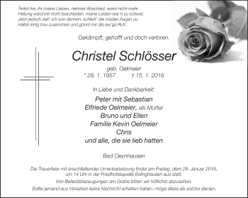 Traueranzeige von Christel Schlösser von Neue Westfälische