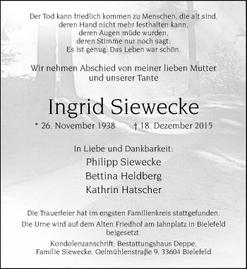 Traueranzeige von Ingrid Siewecke von Neue Westfälische