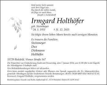 Traueranzeige von Irmgard Holthöfer von Neue Westfälische