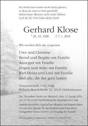 Traueranzeige von Gerhard Klose von Neue Westfälische