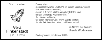 Traueranzeige von Vera Finkenstädt von Neue Westfälische