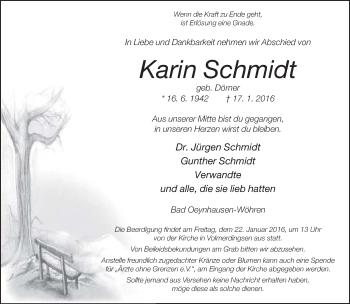 Traueranzeige von Karin Schmidt von Neue Westfälische