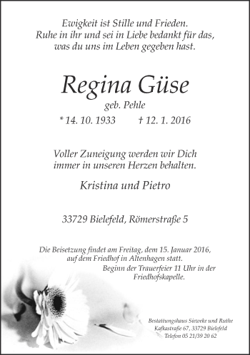 Traueranzeige von Regina Güse von Neue Westfälische