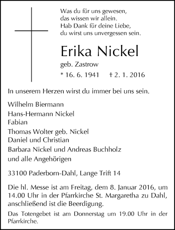 Traueranzeige von Erika Nickel von Neue Westfälische