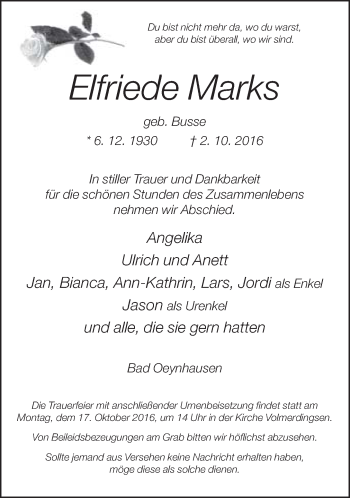 Traueranzeige von Elfriede Marks von Neue Westfälische