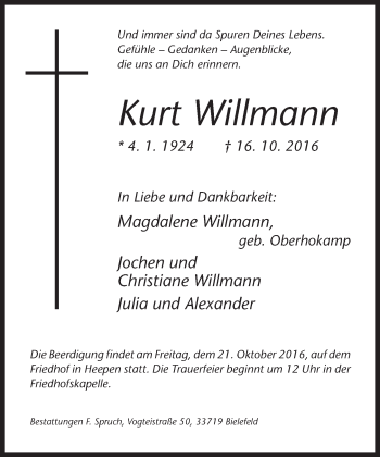 Traueranzeige von Kurt Willmann von Neue Westfälische