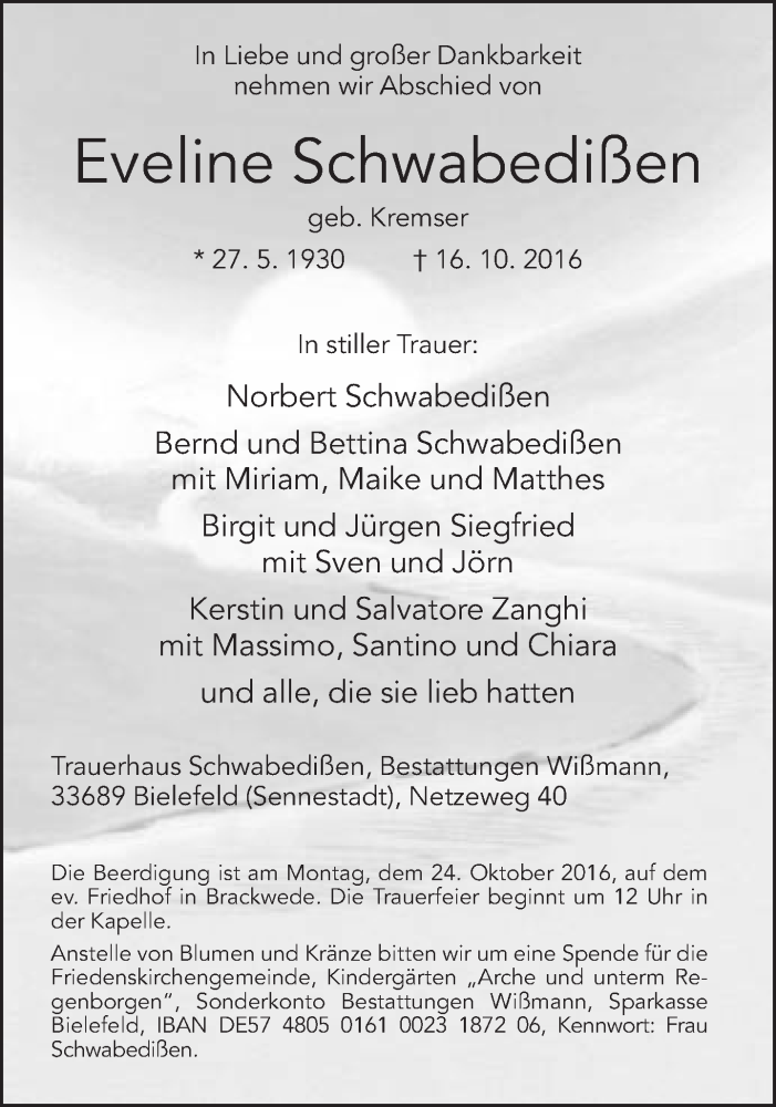  Traueranzeige für Eveline Schwabedissen vom 20.10.2016 aus Neue Westfälische