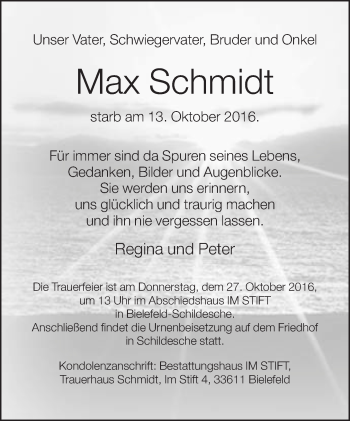 Traueranzeige von Max Schmidt von Neue Westfälische