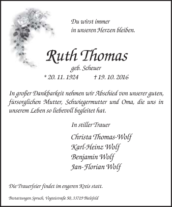 Traueranzeige von Ruth Thomas von Neue Westfälische