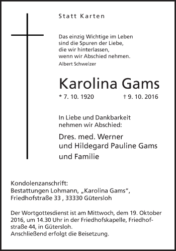 Traueranzeige von Karolina Gams von Neue Westfälische