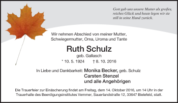 Traueranzeige von Ruth Schulz von Neue Westfälische