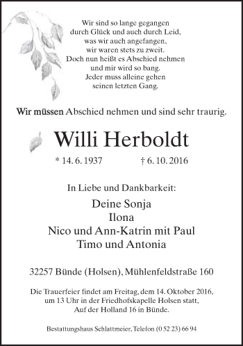 Traueranzeige von Wilhelm Herboldt von Neue Westfälische