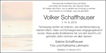 Traueranzeige von Volker Schaffhauser von Neue Westfälische