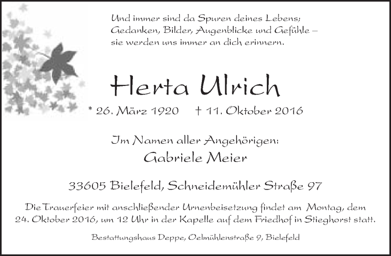  Traueranzeige für Gabriele Meier vom 15.10.2016 aus Neue Westfälische