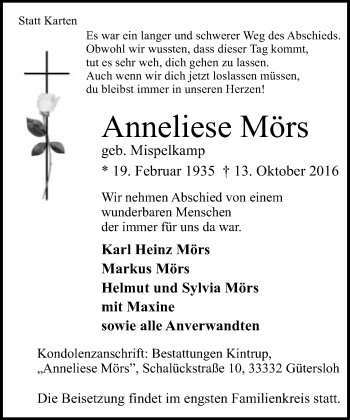 Traueranzeige von Anneliese Mörs von Neue Westfälische