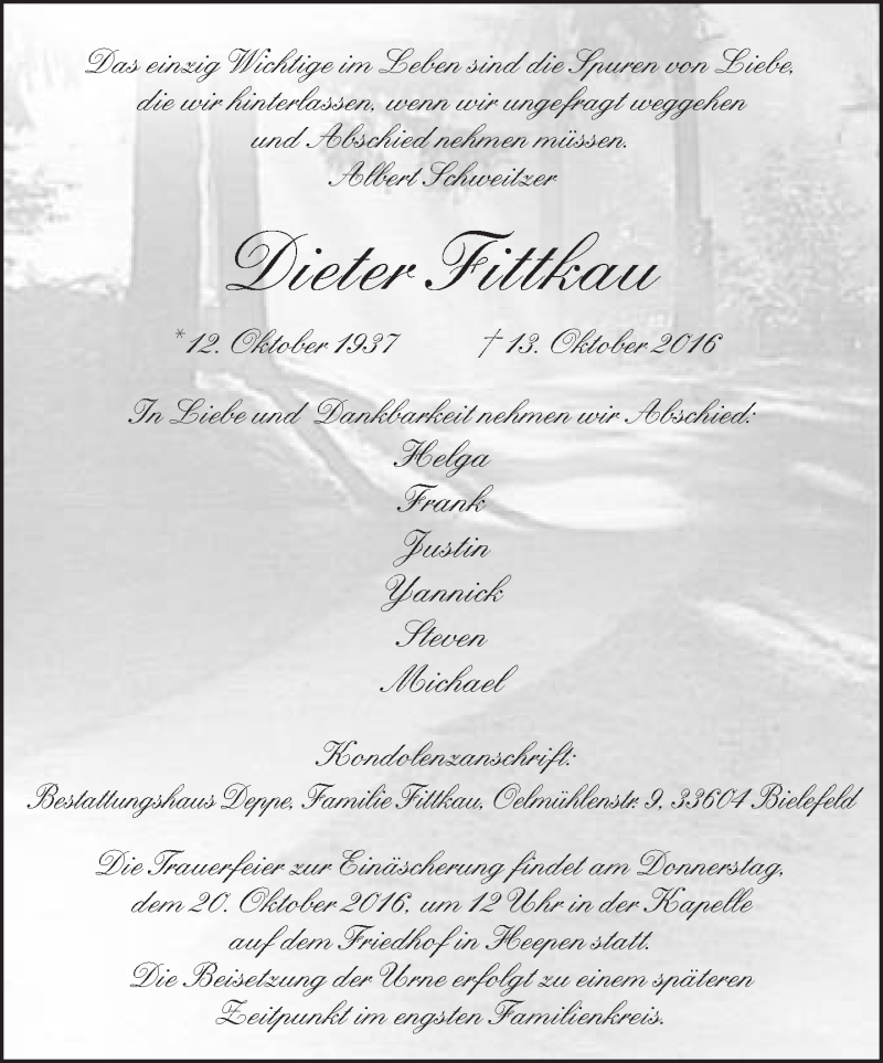  Traueranzeige für Dieter Fittkau vom 18.10.2016 aus Neue Westfälische