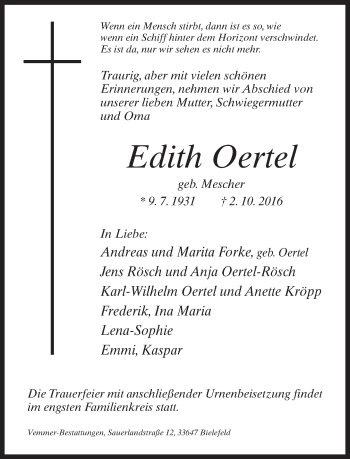 Traueranzeige von Edith Oertel von Neue Westfälische