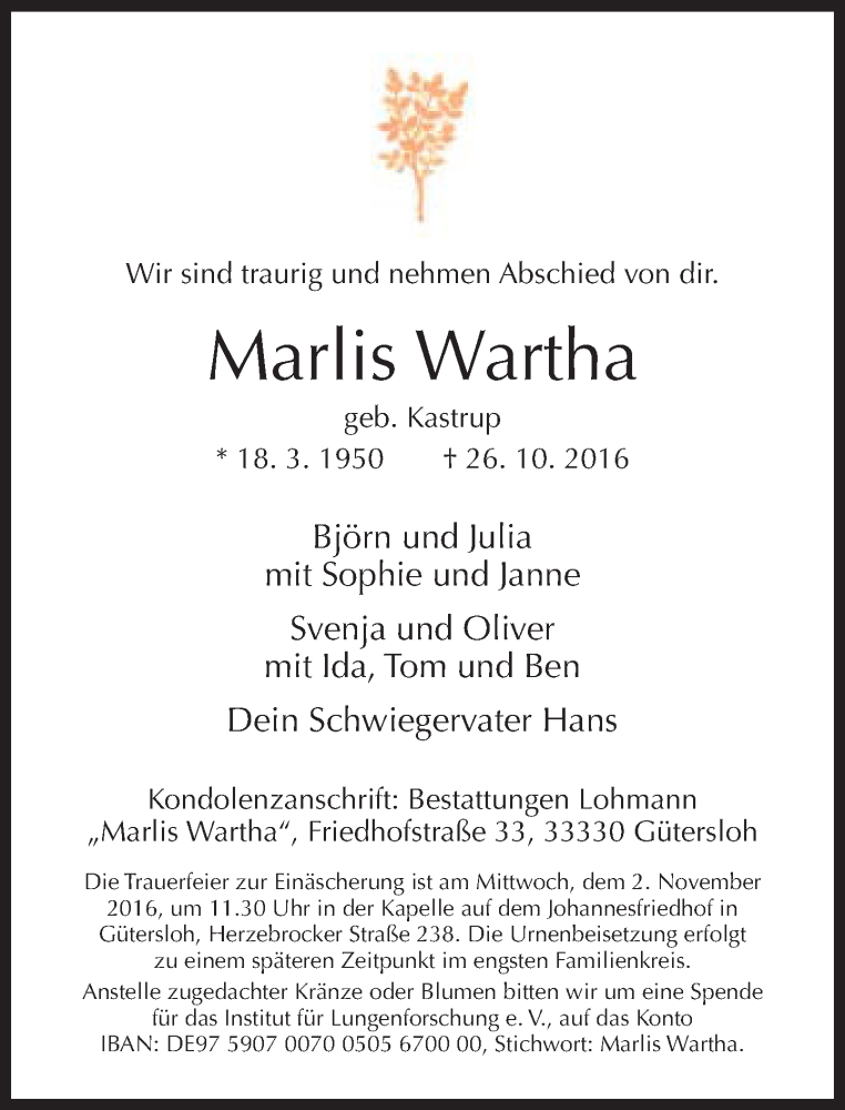  Traueranzeige für Marlis Wartha vom 29.10.2016 aus Neue Westfälische