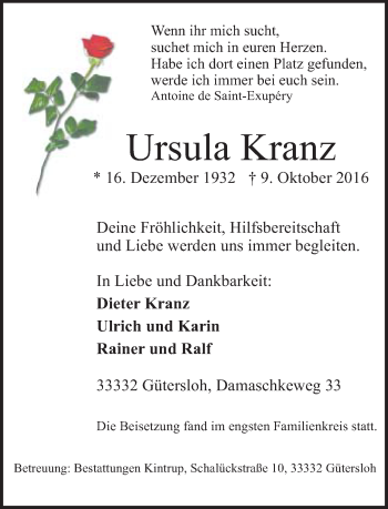 Traueranzeige von Ursula Kranz von Neue Westfälische