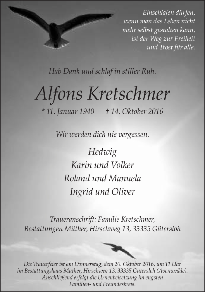  Traueranzeige für Alfons Kretschmer vom 17.10.2016 aus Neue Westfälische