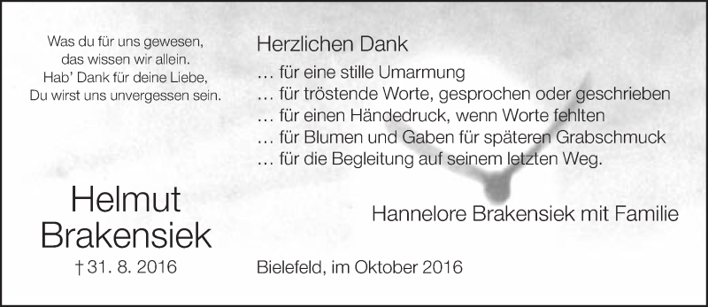  Traueranzeige für Helmut Brakensiek vom 08.10.2016 aus Neue Westfälische