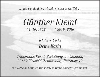 Traueranzeige von Günther Klemt von Neue Westfälische