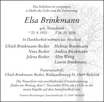 Traueranzeige von Elsa Brinkmann von Neue Westfälische