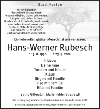 Traueranzeige von Hans-Werner Rubesch von Neue Westfälische
